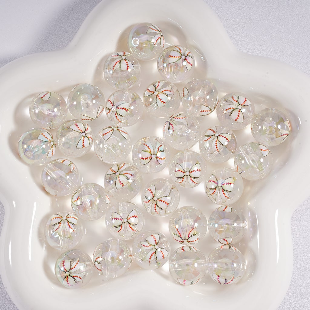 Jelly & Clear Bowknot Sports Print Baseball Softball Theme Round Acrylic Beads Random Mix