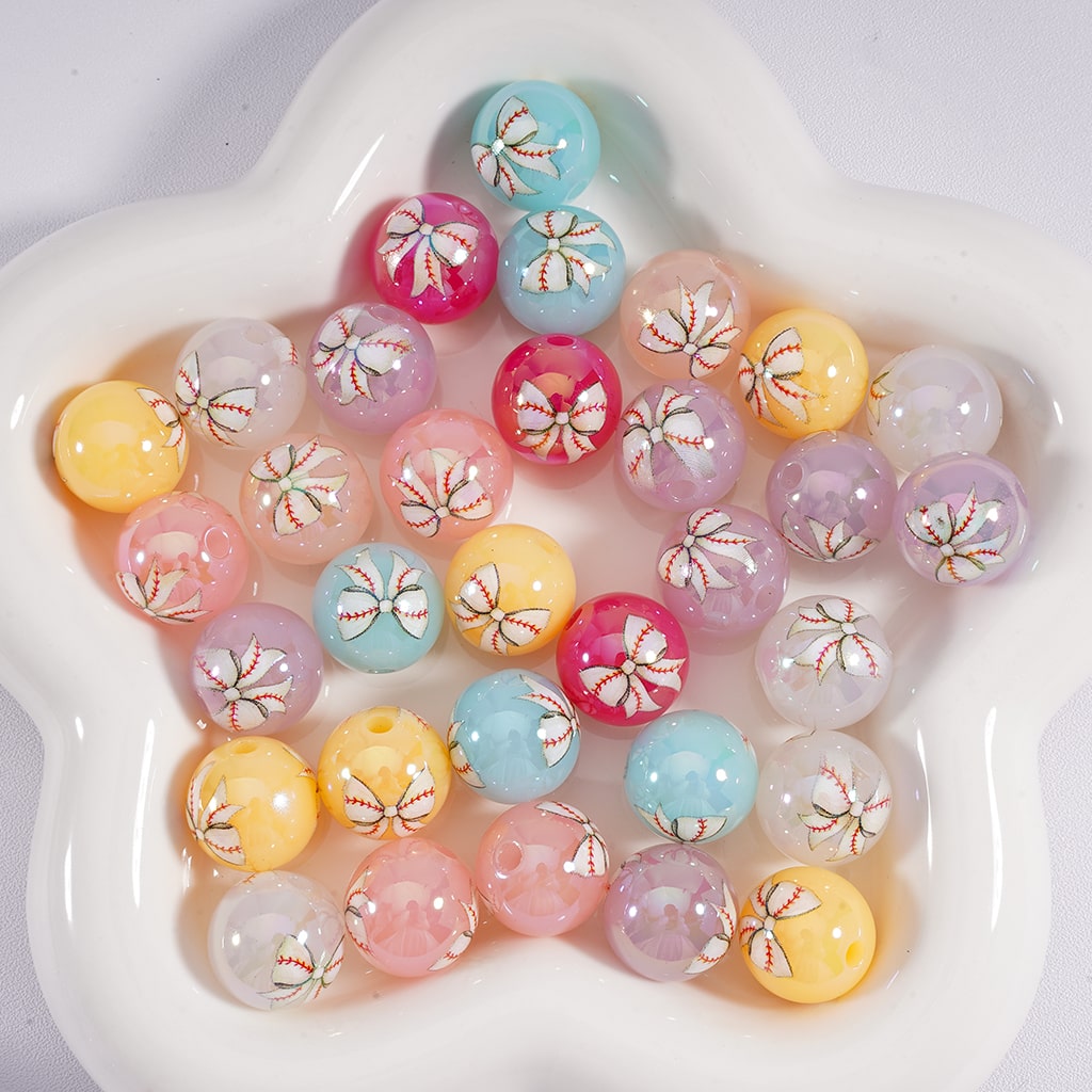 Jelly & Clear Bowknot Sports Print Baseball Softball Theme Round Acrylic Beads Random Mix