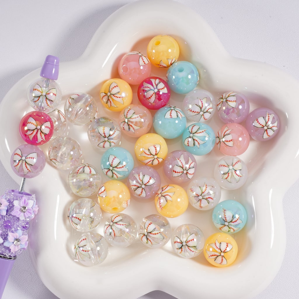 Jelly & Clear Bowknot Sports Print Baseball Softball Theme Round Acrylic Beads Random Mix