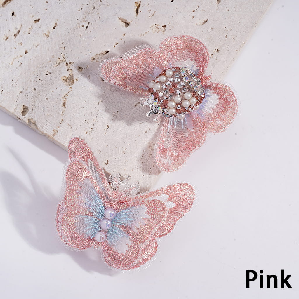 Sugar Acrylic Beads with Silver Alloy Crown and Rhinestones, Fabric Butterfly with UV Coating Half-Shell White Pearl, Multi-Color