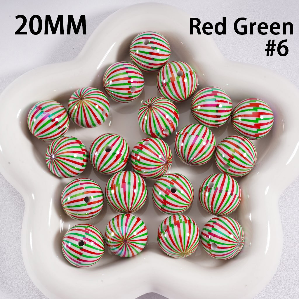 UV Coating Shiny Candy Cane Christmas Green & Red Stripes Round Acrylic Beads 20MM