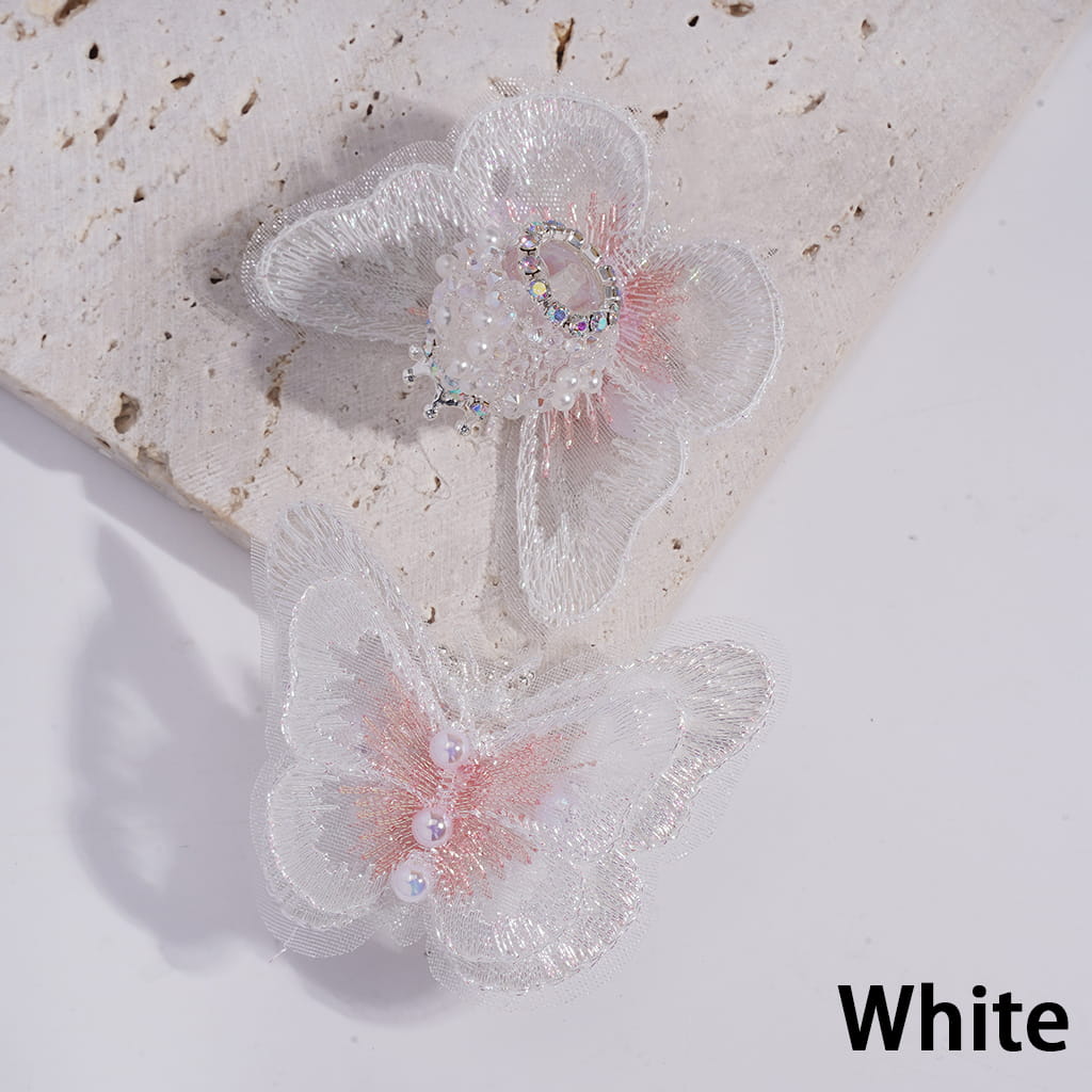 Sugar Acrylic Beads with Silver Alloy Crown and Rhinestones, Fabric Butterfly with UV Coating Half-Shell White Pearl, Multi-Color