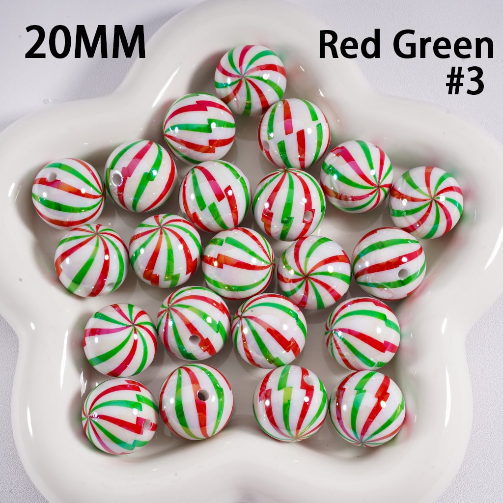 UV Coating Shiny Candy Cane Christmas Green & Red Stripes Round Acrylic Beads 20MM