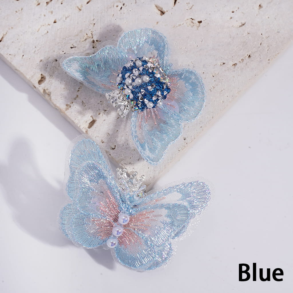 Sugar Acrylic Beads with Silver Alloy Crown and Rhinestones, Fabric Butterfly with UV Coating Half-Shell White Pearl, Multi-Color