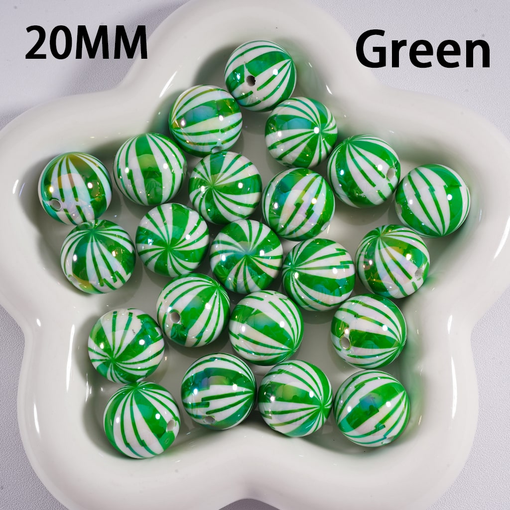 UV Coating Shiny Candy Cane Christmas Green & Red Stripes Round Acrylic Beads 20MM