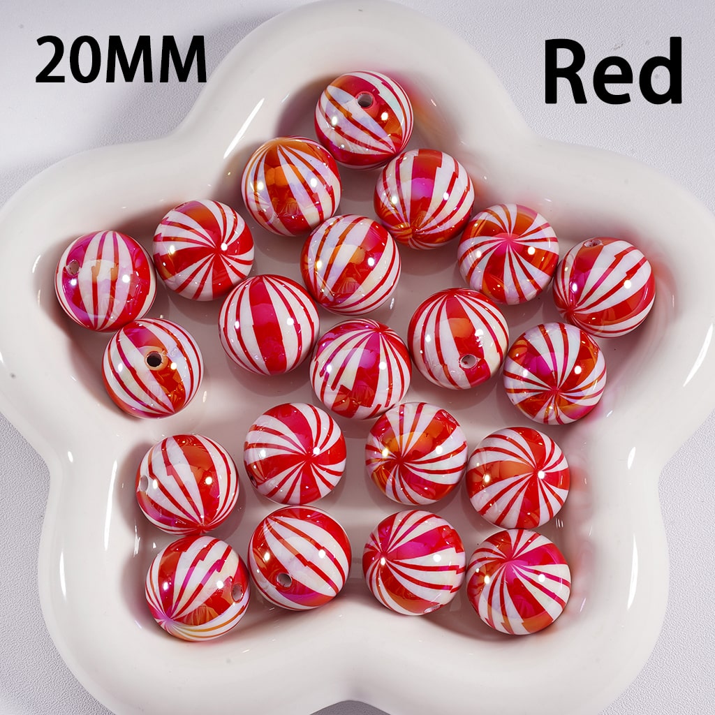 UV Coating Shiny Candy Cane Christmas Green & Red Stripes Round Acrylic Beads 20MM