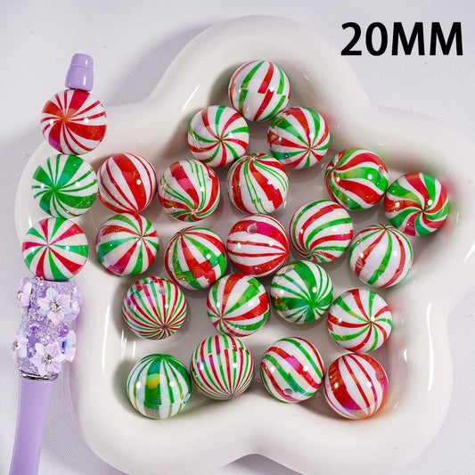 UV Coating Shiny Candy Cane Christmas Green & Red Stripes Round Acrylic Beads 20MM