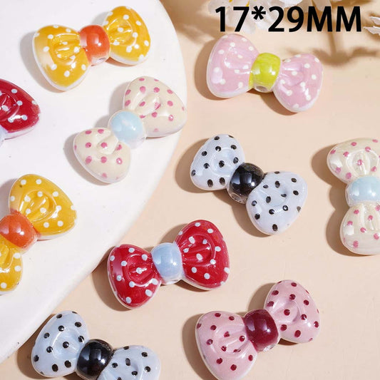 Cute Polka Dot Bow Acrylic Beads, 17*29MM, Multi Colors Random Mix