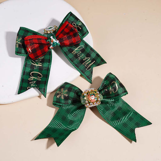 Christmas Plaid Ribbon Bow with AB Rhinestones, White Pearl Chain & Santa Charm Red Green Checkered Fabric Handmade Acrylic Beads Random Mix