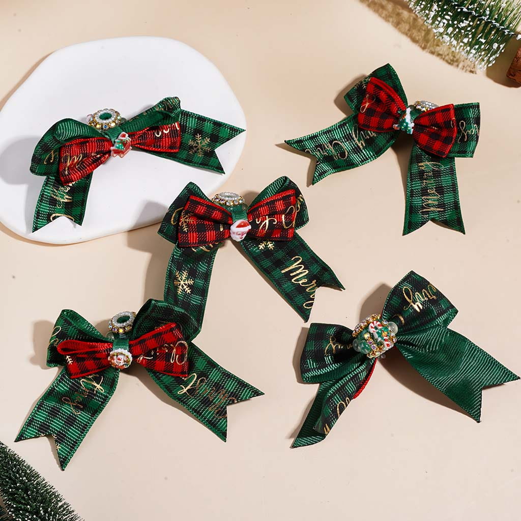 Handmade Acrylic Beads w Christmas Trims & Half-Shell Round, AB Rhinestones & White Pearl Chains, Red Green Checkered Fabric Bow, Random Mix