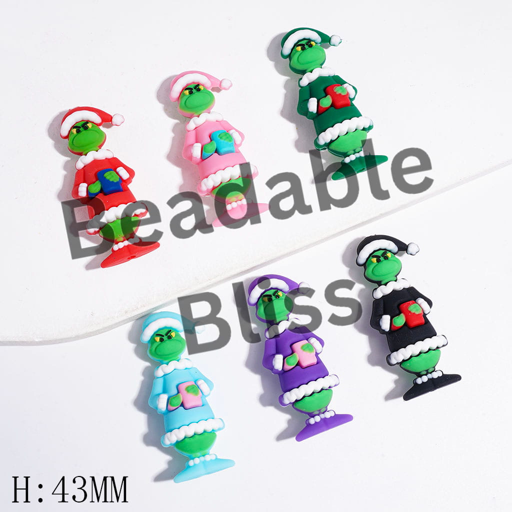Silicone Focal Beads 3D Christmas Green Character Wearing Pajamas & Holding Rectangle Gift Box, Height 43MM, Multi-Color