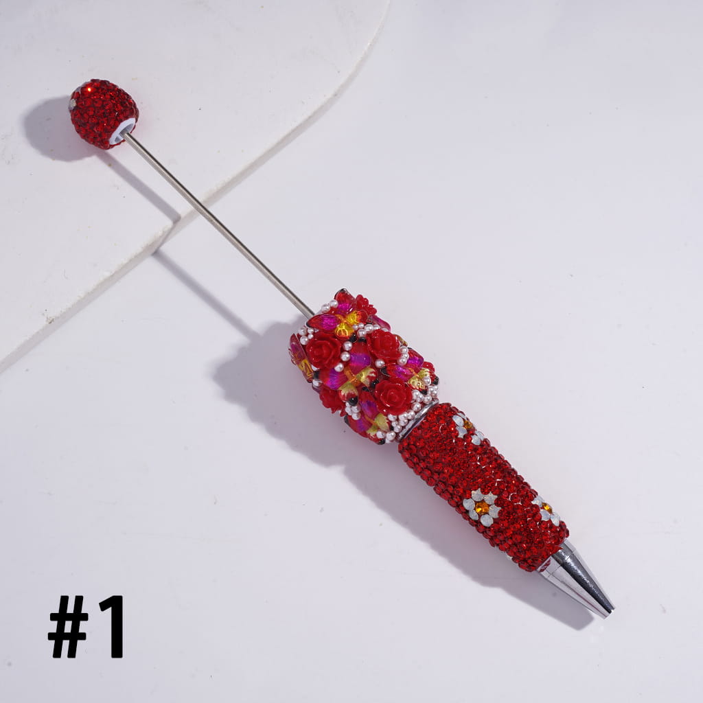 3D Butterfly Rose Flower Design with White Pearls & Shiny Rhinestones Multi-Color Beadable Clay Pens
