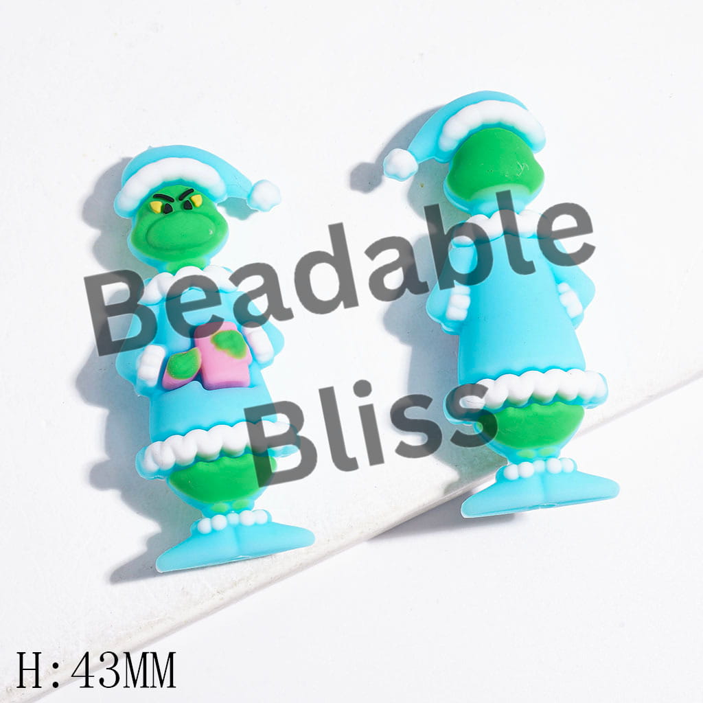 Silicone Focal Beads 3D Christmas Green Character Wearing Pajamas & Holding Rectangle Gift Box, Height 43MM, Multi-Color