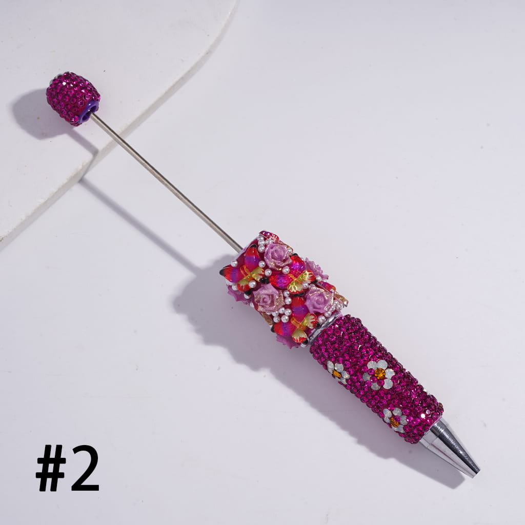 3D Butterfly Rose Flower Design with White Pearls & Shiny Rhinestones Multi-Color Beadable Clay Pens