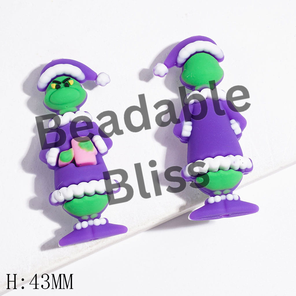 Silicone Focal Beads 3D Christmas Green Character Wearing Pajamas & Holding Rectangle Gift Box, Height 43MM, Multi-Color