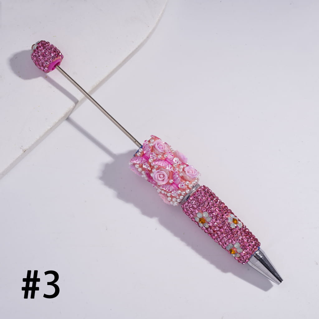 3D Butterfly Rose Flower Design with White Pearls & Shiny Rhinestones Multi-Color Beadable Clay Pens