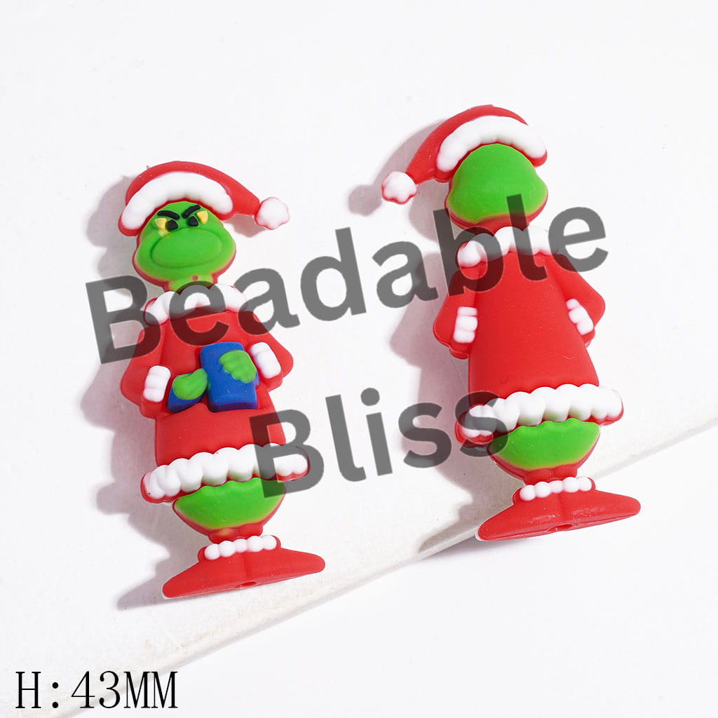 Silicone Focal Beads 3D Christmas Green Character Wearing Pajamas & Holding Rectangle Gift Box, Height 43MM, Multi-Color