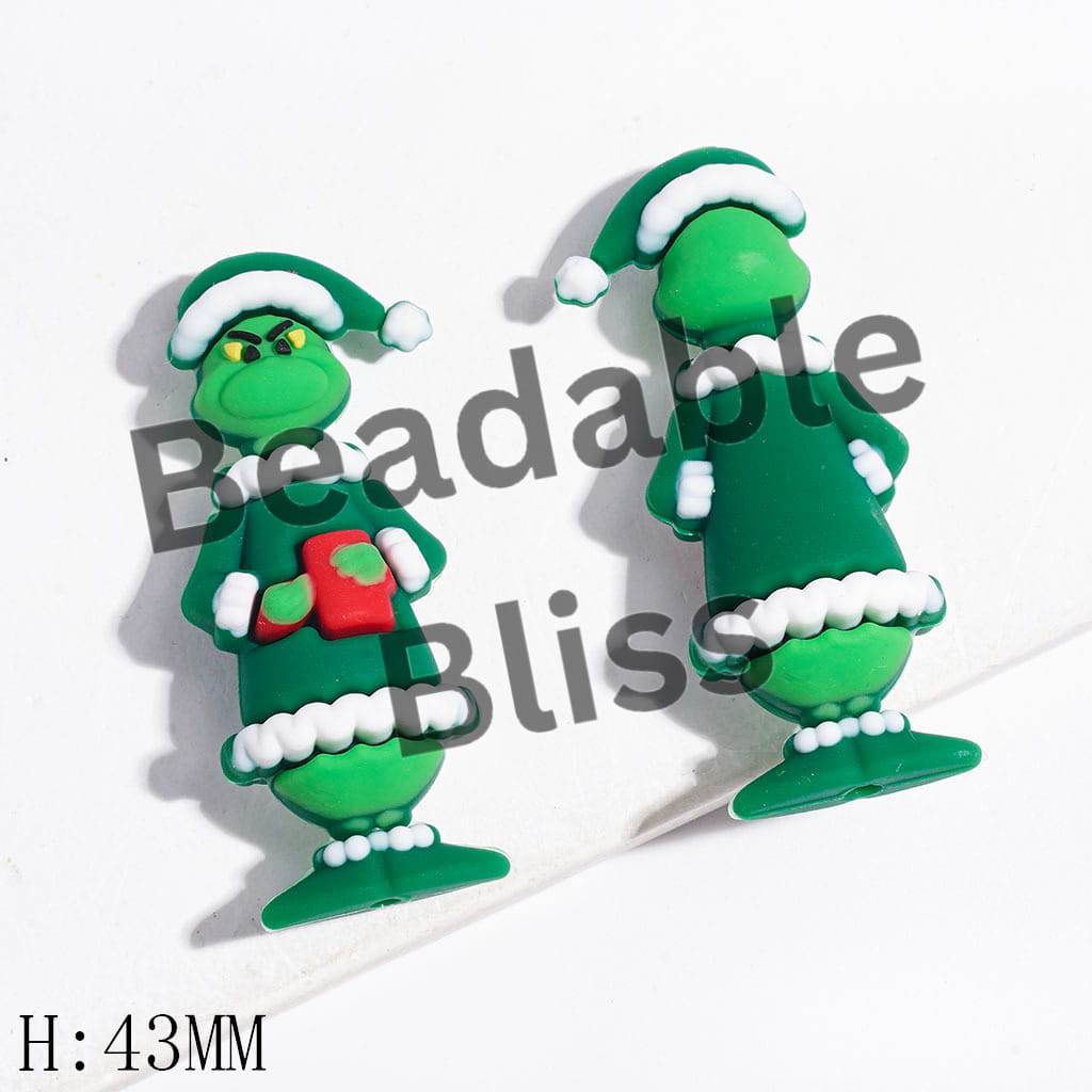 Silicone Focal Beads 3D Christmas Green Character Wearing Pajamas & Holding Rectangle Gift Box, Height 43MM, Multi-Color