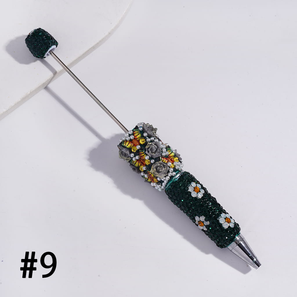 3D Butterfly Rose Flower Design with White Pearls & Shiny Rhinestones Multi-Color Beadable Clay Pens
