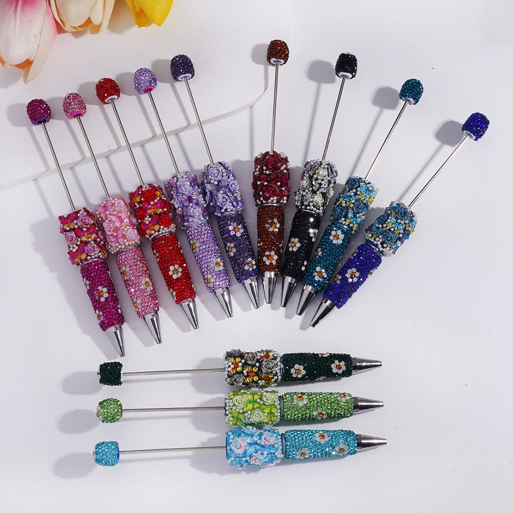 3D Butterfly Rose Flower Design with White Pearls & Shiny Rhinestones Multi-Color Beadable Clay Pens
