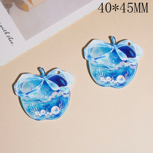 Blue Series Apple Shape Acrylic Pendant with Bow, Ocean Waves, Pearls & Sea Creatures Design, 40*45MM