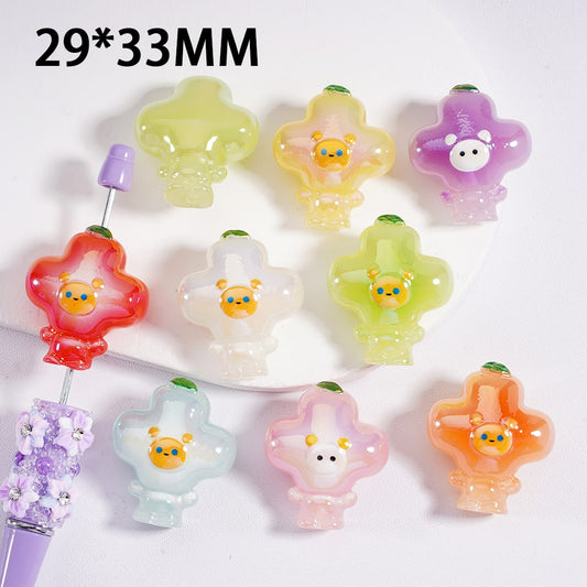 UV Coated Cute Floral Flowers Bear Head Design, Acrylic Beads 29*33mm, Random Mix