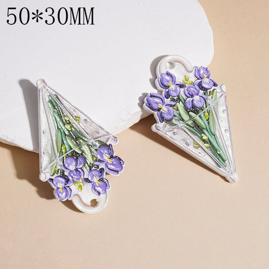 Transparent Umbrella Shape Acrylic Pendant with Purple Violet Flower Bouquet Design, 50*30MM