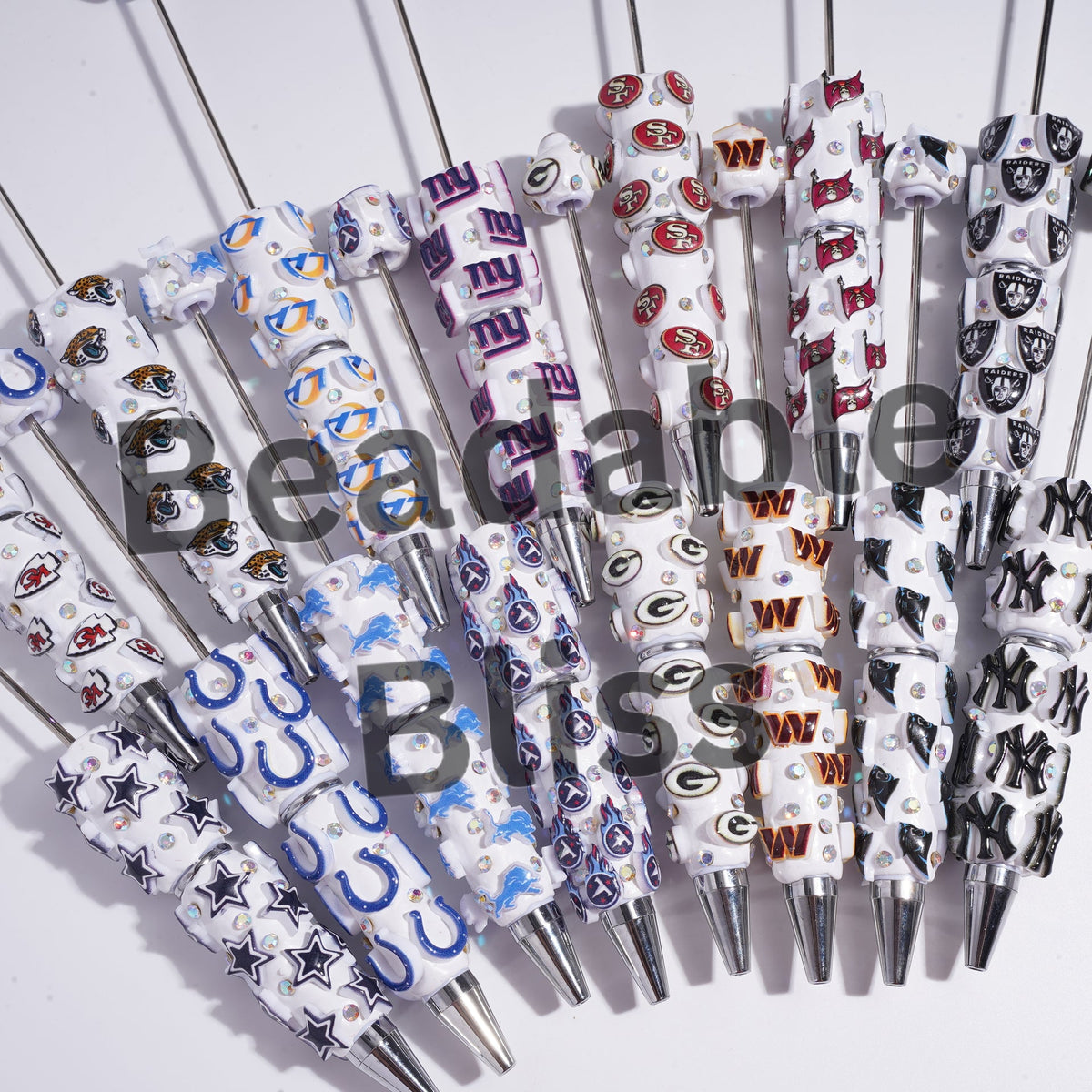 Beadable Clay Pens with American Football and NY Baseball Team, AB Rhinestones