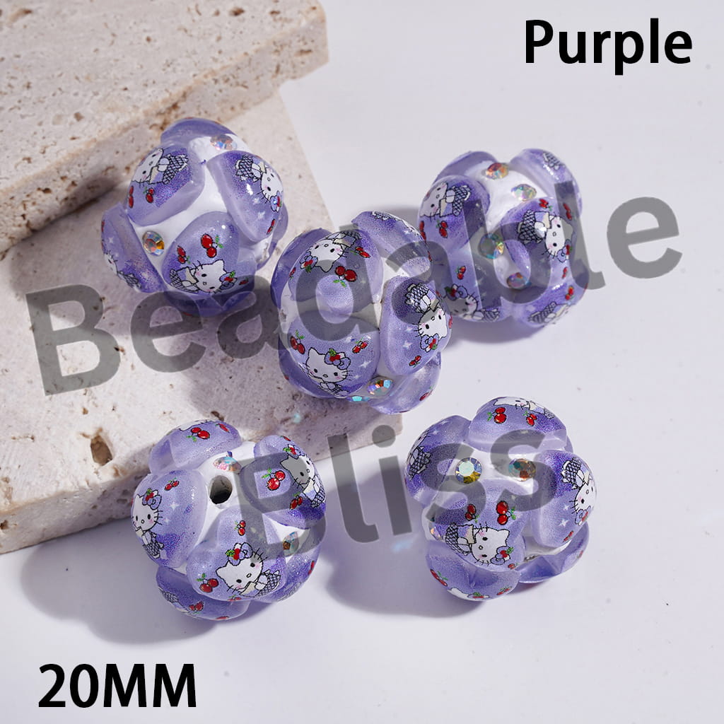 Clay Beads Hearts with Cute Cat Character in Various Style, AB Rhinestones, Multi-Color, 20MM