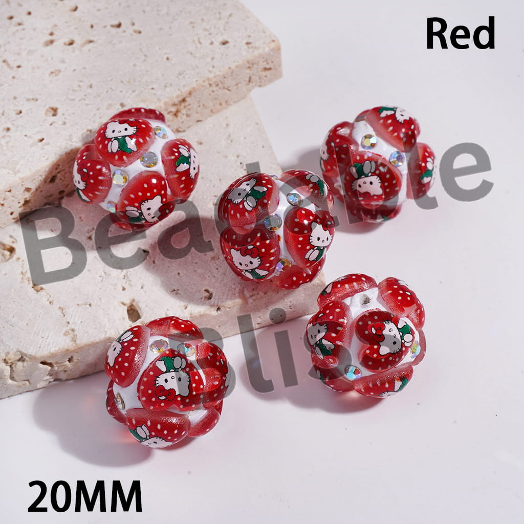 Clay Beads Hearts with Cute Cat Character in Various Style, AB Rhinestones, Multi-Color, 20MM