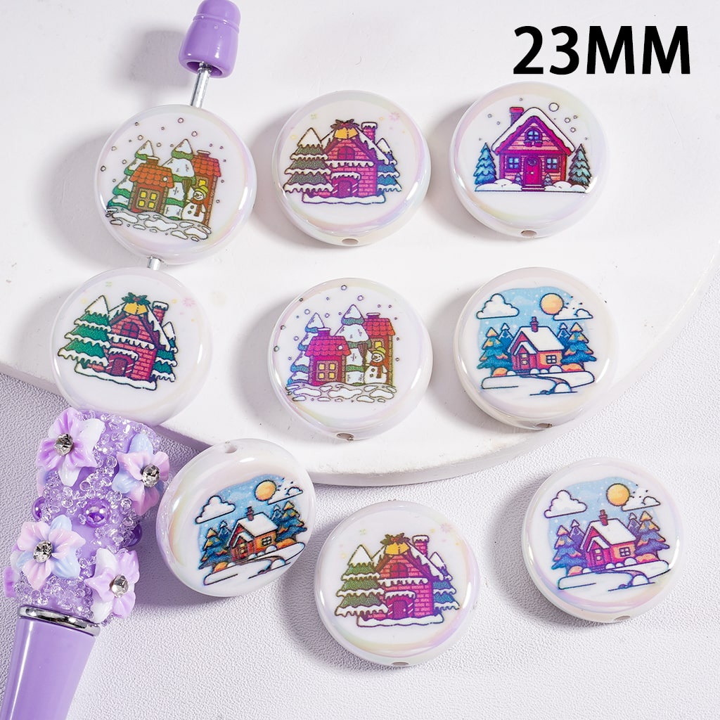 UV Coated Cute Christmas Snow House Prints 23MM, Flat Round Acrylic Beads Random Mix