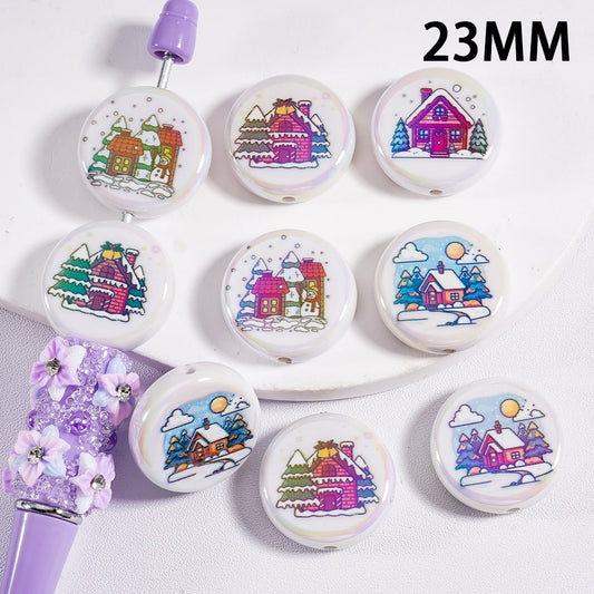 UV Coated Cute Christmas Snow House Prints 23MM, Flat Round Acrylic Beads Random Mix