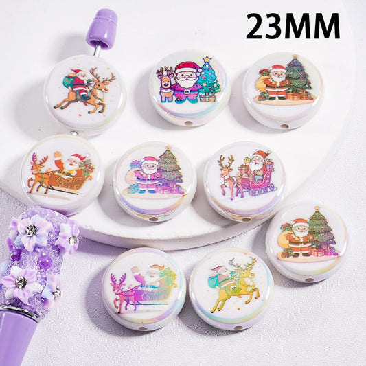 UV Coated Father Christmas Santa Red Hat, Elk, Tree & Gift Holiday Designs Round Acrylic Beads 23mm Random Mix