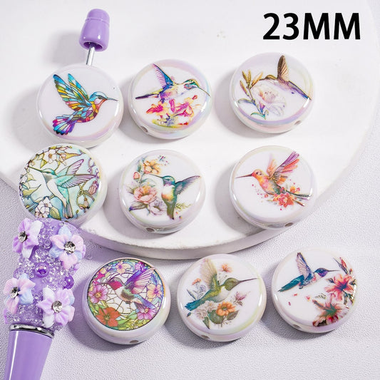 UV Coating Cute  Hummingbird Flat Round Acrylic Beads 23MM, Random Mix