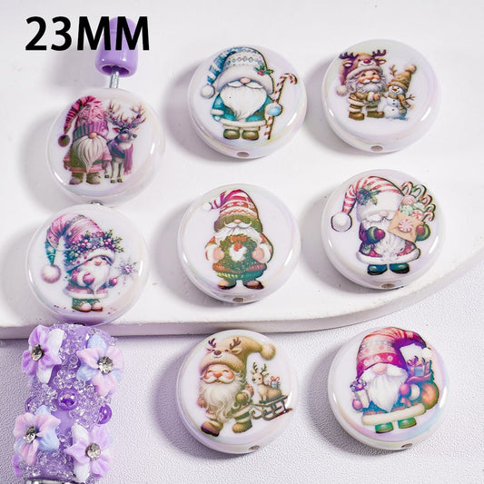 UV Coating Cute Gnome with Christmas Hat Flat Round Acrylic Beads 23MM, Random Mix
