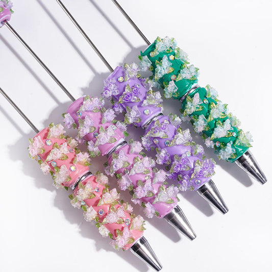 Elegant Rose Flower & Green Leaf Design with Sparkling AB Rhinestones and Silver Glitter Beadable Clay Pens, Multi-Color