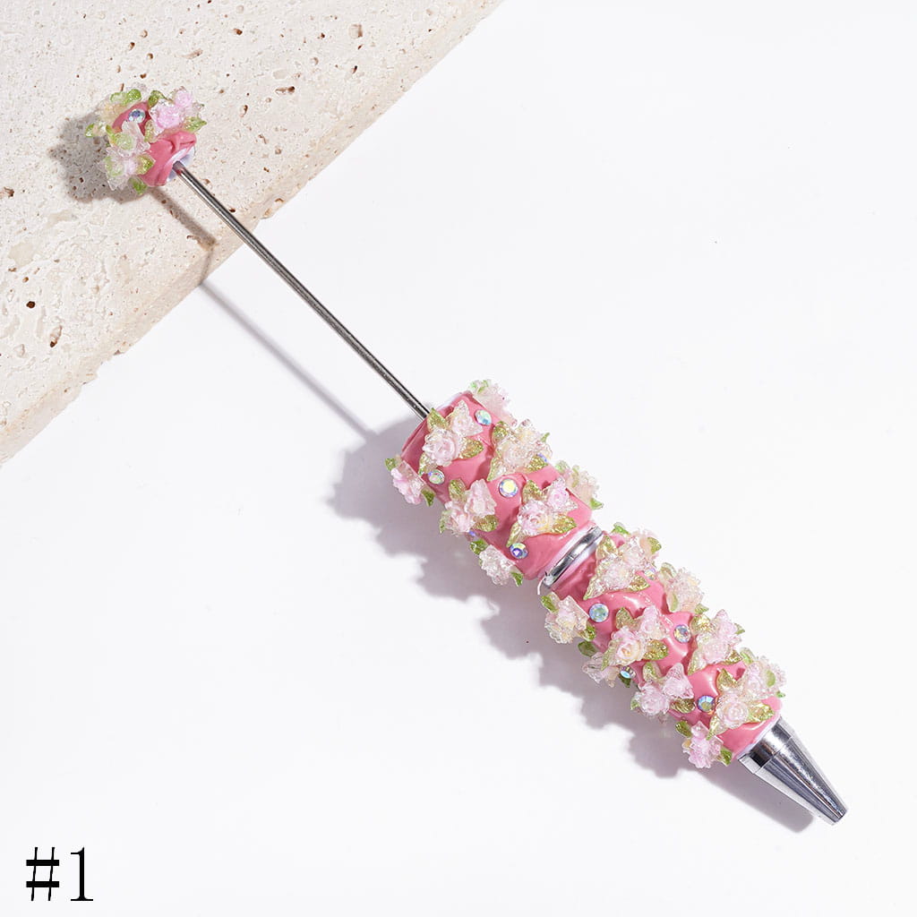 Elegant Rose Flower & Green Leaf Design with Sparkling AB Rhinestones and Silver Glitter Beadable Clay Pens, Multi-Color