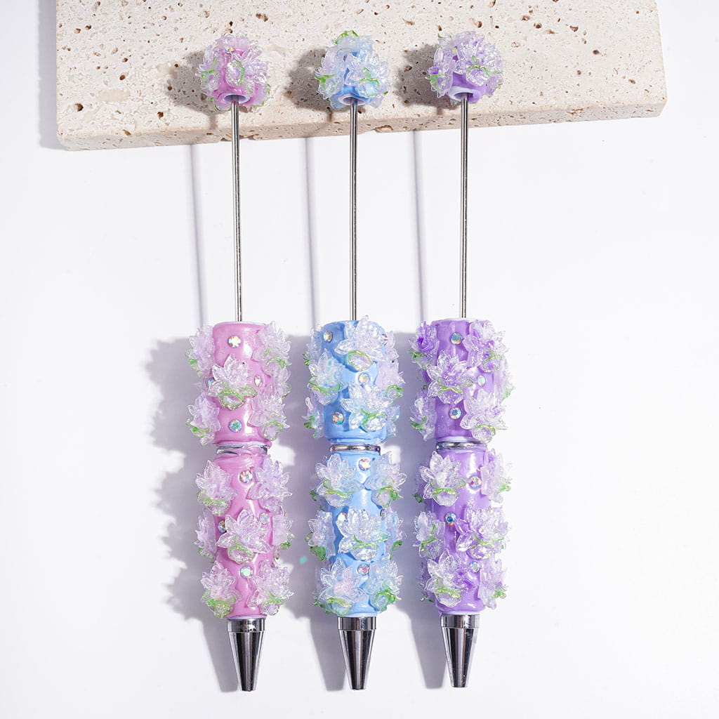Delicate Snow Lotus & Green Leaf Design with Sparkling AB Rhinestones and Silver Glitter Beadable Clay Pens, Multi-Color