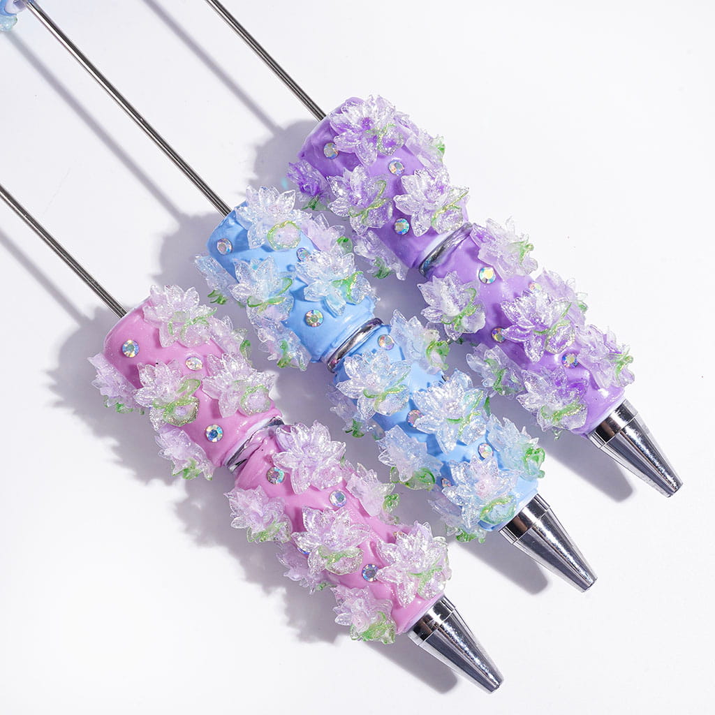 Delicate Snow Lotus & Green Leaf Design with Sparkling AB Rhinestones and Silver Glitter Beadable Clay Pens, Multi-Color