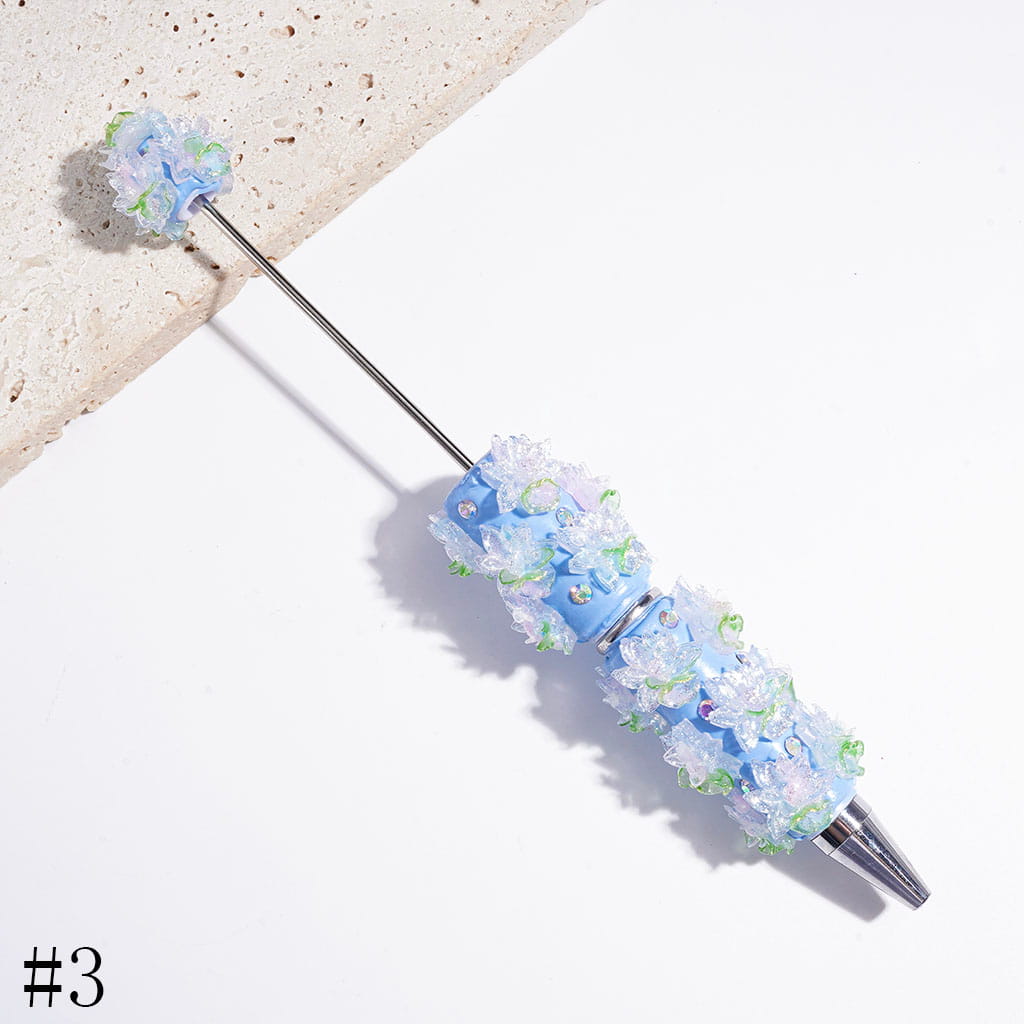 Delicate Snow Lotus & Green Leaf Design with Sparkling AB Rhinestones and Silver Glitter Beadable Clay Pens, Multi-Color