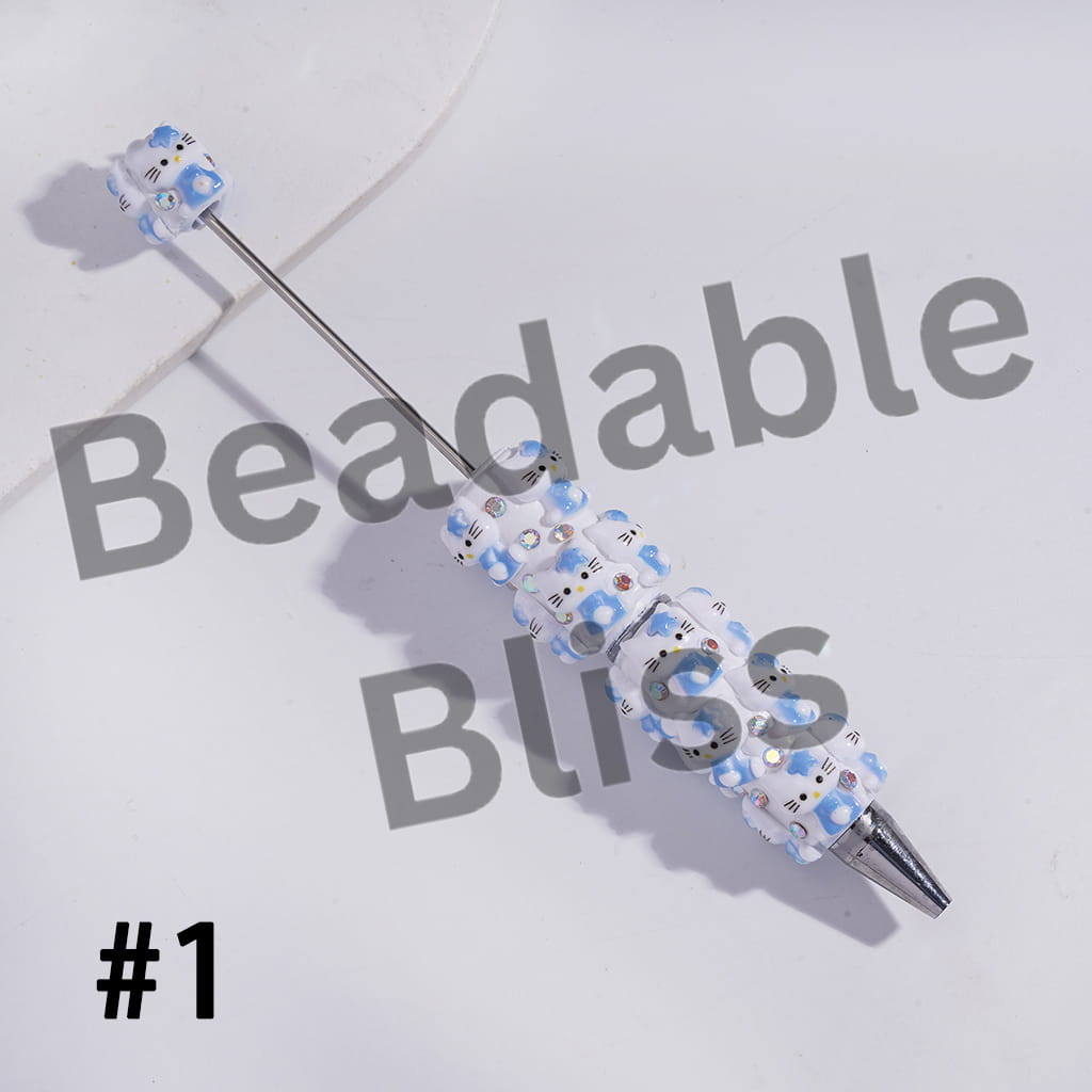 Beadable Clay Pens with Cute Cat Character Wearing Star on Head, AB Rhinestones and White Pearl, Multi-Color