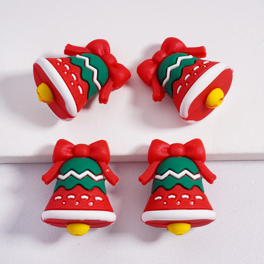3D Red & Green Christmas Bell with Red Bowknot Silicone Focal Beads