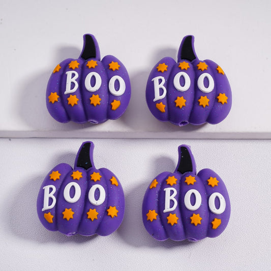 3D Cute Purple Pumpkin with Mini Yellow Star Halloween Boo Silicone Focal Beads