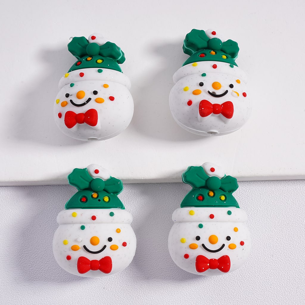 3D Cute Christmas Snowman Green Hat & Red Bowknot Silicone Focal Beads