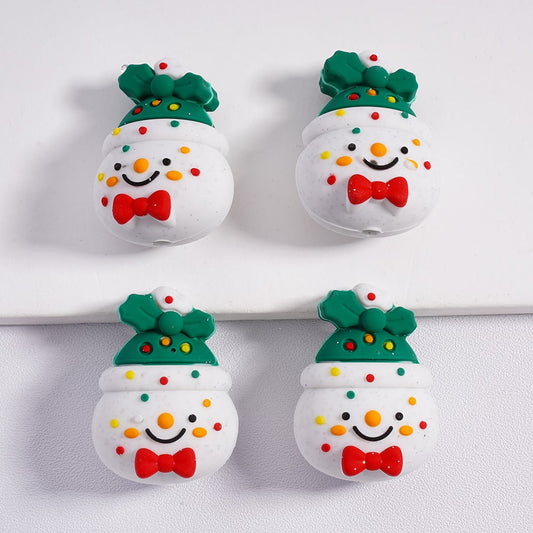 3D Cute Christmas Snowman Green Hat & Red Bowknot Silicone Focal Beads