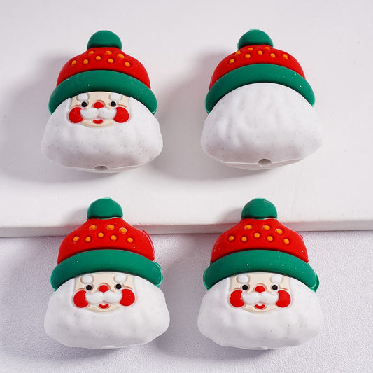 3D Santa Claus with Red & Green Christmas Hat Silicone Focal Beads