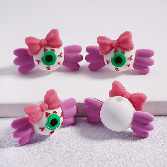 3D Horror Eyes with Pink Bowknot Halloween Silicone Focal Beads