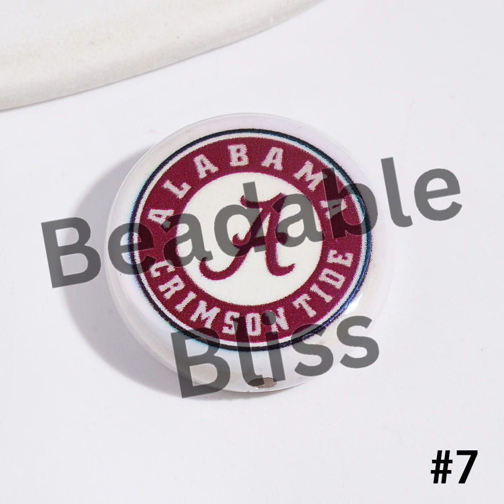 UV-Coated Acrylic Beads with American College Football Team Series, Flat Round Shape, 23MM