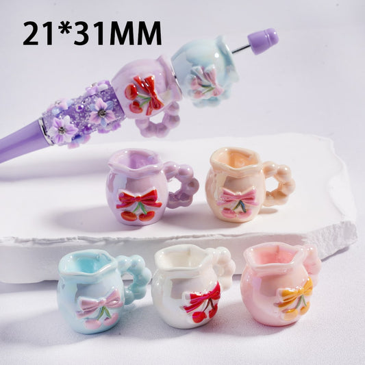 UV Coated Kawaii Cup & Teapot Acrylic Beads with Mini Bow & Cherry Print 21×31MM, Random Mix
