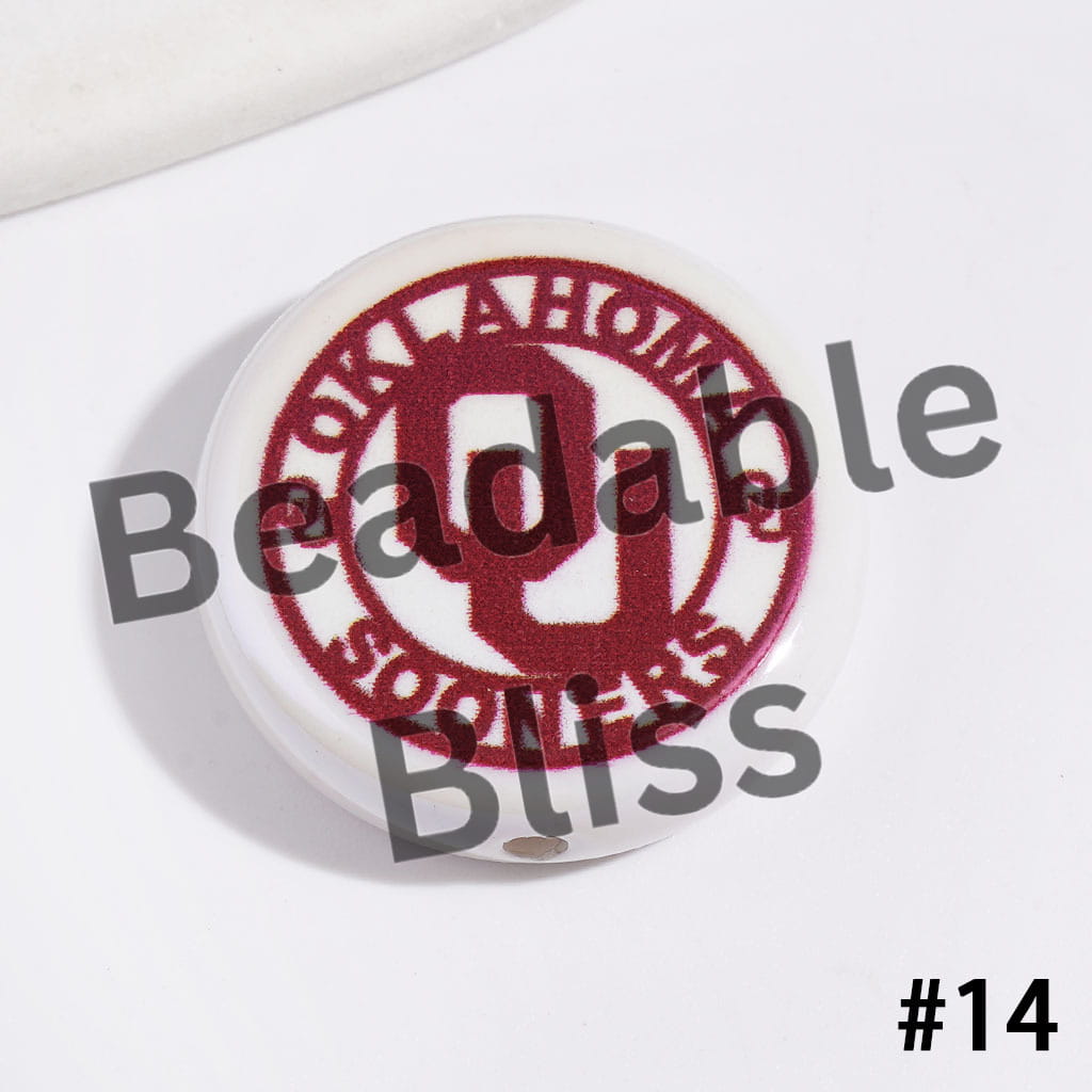 UV-Coated Acrylic Beads with American College Football Team Series, Flat Round Shape, 23MM